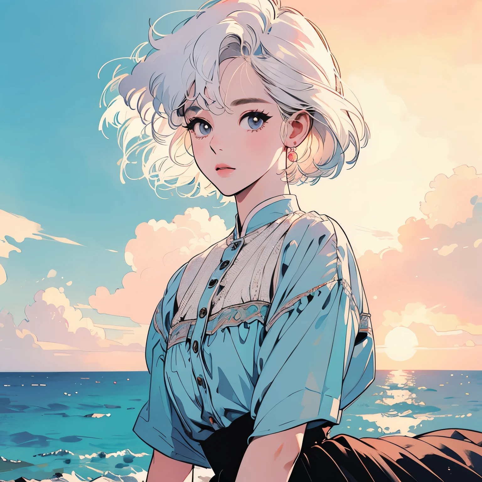 whole body、kind face、1 beautiful woman、blouse、skirt、cloud、Coastal、sunset、Complex background、detailed hair、White hair、low lighting、Short hair length