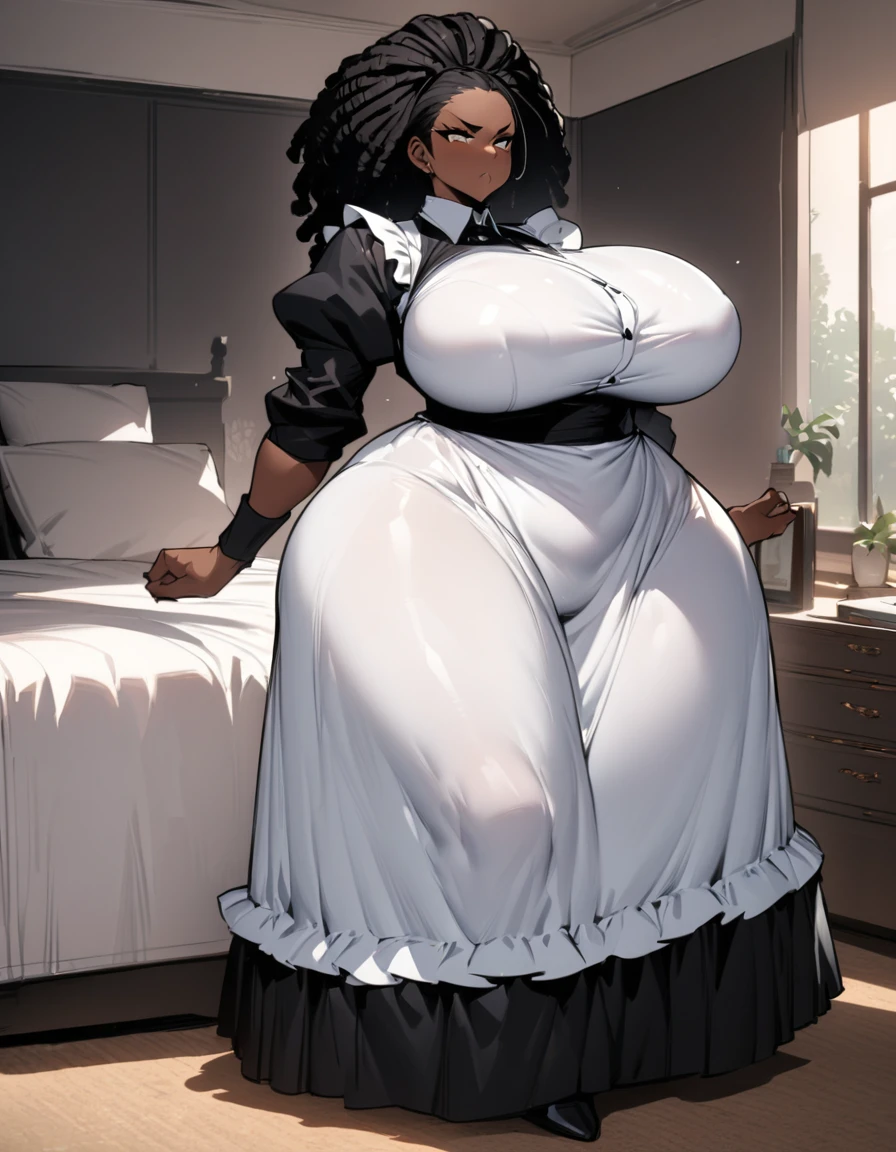 ((Masterpiece)), ((Best quality)), ((detailed)) black woman, african woman, dreadlocks, afro hair, black hair, african hair, curly hair, beautiful woman, maid dress, bedroom, huge breast, voluptuous woman, wide hips, thick thighs, massive but, serious expresión, full body shot