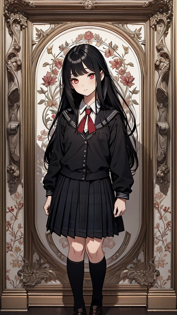 (hyperrealistic), (8K), (extremely detailed), (best illustration), (beautiful detailed eyes), (best quality), (ultra-detailed), (masterpiece), (wallpaper), (detailed face), solo, (school uniform: 1.3), looking at the audience, exquisite details, black hair, long hair, red eyes, (full body: 1.1)