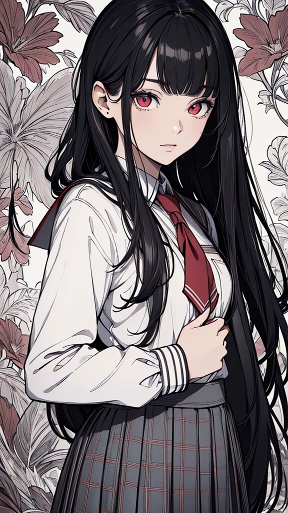 (hyperrealistic), (8K), (extremely detailed), (best illustration), (beautiful detailed eyes), (best quality), (ultra-detailed), (masterpiece), (wallpaper), (detailed face), solo, (school uniform: 1.3), looking at the audience, exquisite details, black hair, long hair, red eyes, (full body: 1.1)