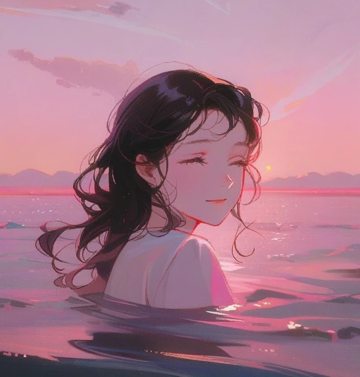 1girl,solo,older,long curly hair,black hair,no smile,open eyes,pink sea,pink sky,day