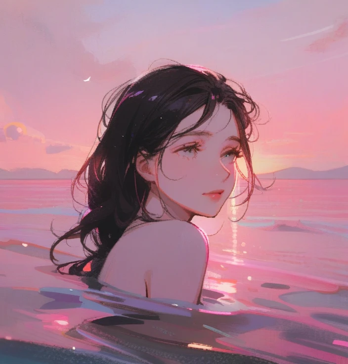 1girl,solo,older,long curly hair,black hair,no smile,open eyes,pink sea,pink sky,day