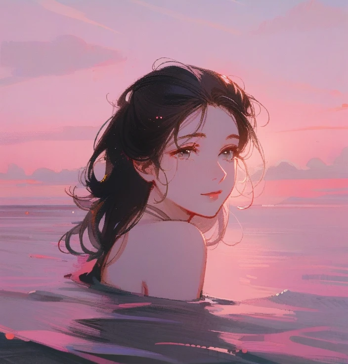 1girl,solo,older,long curly hair,black hair,no smile,open eyes,pink sea,pink sky,day