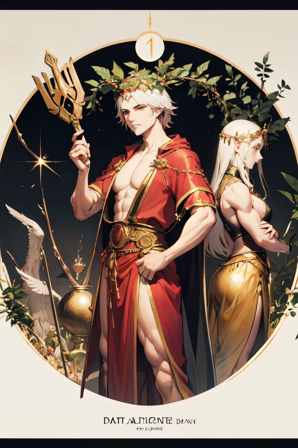 Dante Alighieri from the Divine Comedy, from head to toe, muscular, strong, with golden laurel wreath, with his iconic Dante clothing, female version