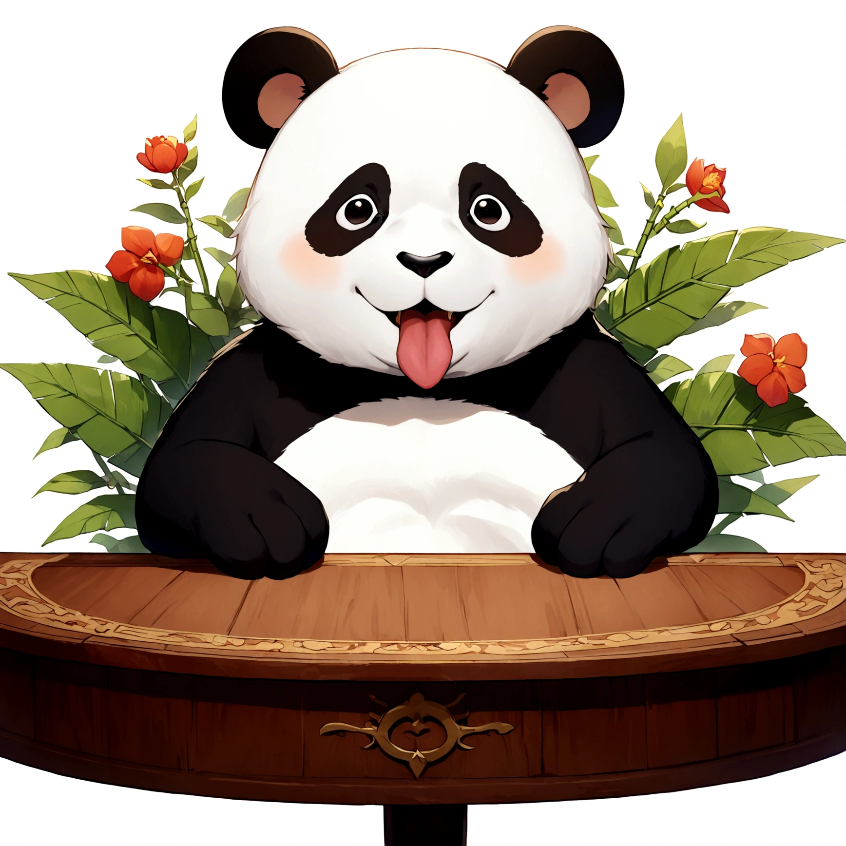 List of cute Chinese giant panda emojis，cartoon animals，A green bamboo leaf on the head，Hands on hips，Short legs，Round heart-shaped belly， (((Sad face, Excited face, Naughty tongue out face，Winking teasing face))) ， (((Detailed panda animal portrait table, front view side view, three quarter view))) (((White background)))，masterpiece，Extreme details，8K resolution，panoramic，Depth of Field