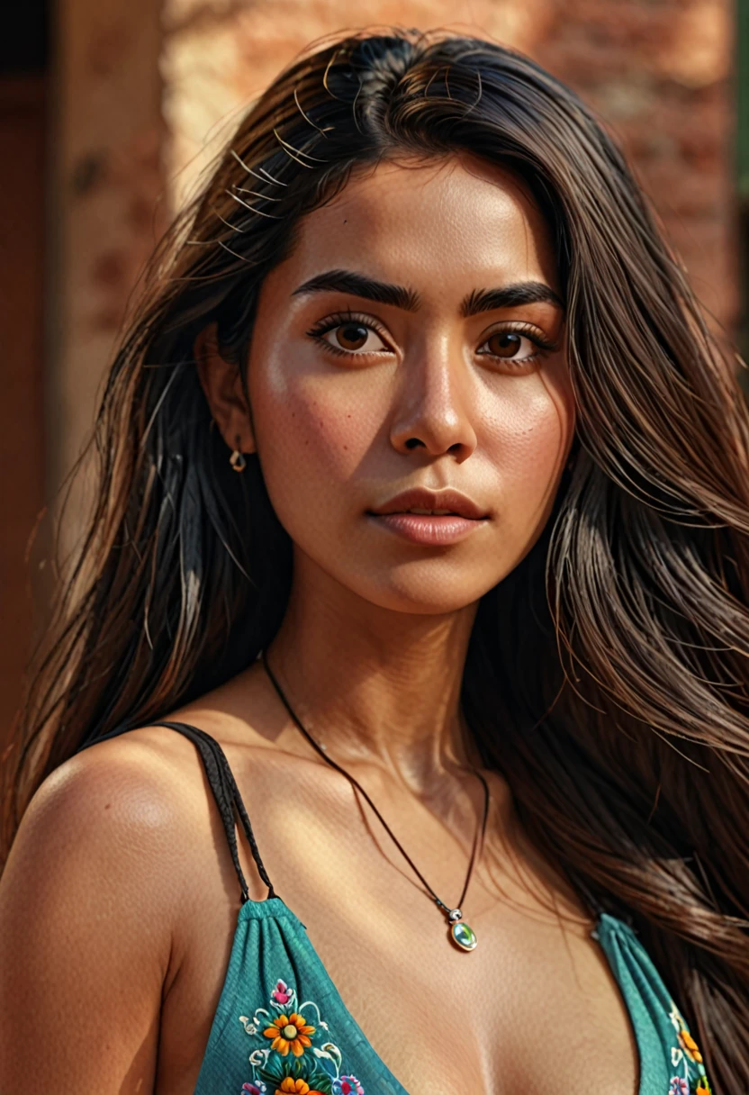 (Pixar style) High-waisted portrait of a long-haired Mexican woman., The skin texture is natural., 4k texture, HDR, complicated, Highly detailed, Sharp focus, There are too many details.