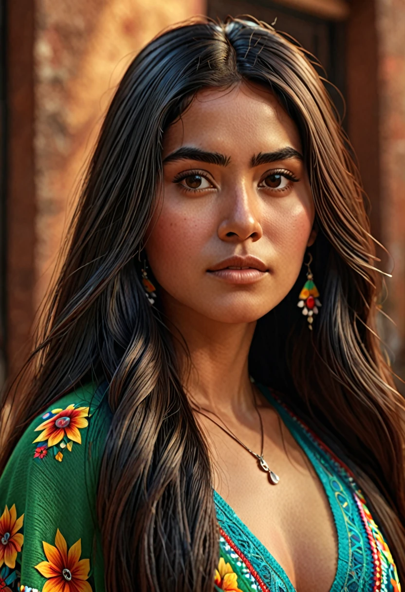 (Pixar style) High-waisted portrait of a long-haired Mexican woman., The skin texture is natural., 4k texture, HDR, complicated, Highly detailed, Sharp focus, There are too many details.