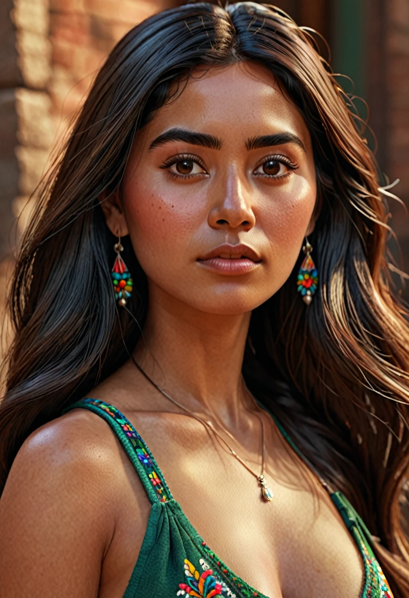(Pixar style) High-waisted portrait of a long-haired Mexican woman., The skin texture is natural., 4k texture, HDR, complicated, Highly detailed, Sharp focus, There are too many details.