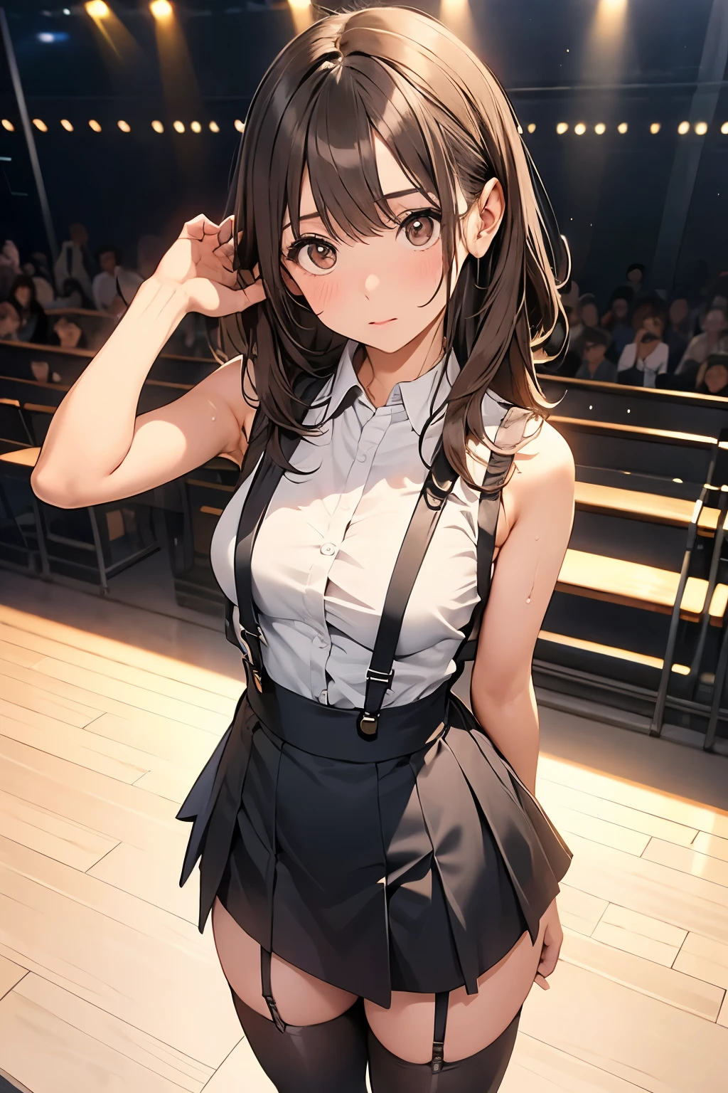 Brown Hair、Looking at the audience suspenders bulging big breasts Black mini skirt garter belt Knee-high socks sight Small face bangs beauty Show your hand sight Black boots Taunt Armpit sweat One person Put your hands behind your back Dress shirt Panty shot