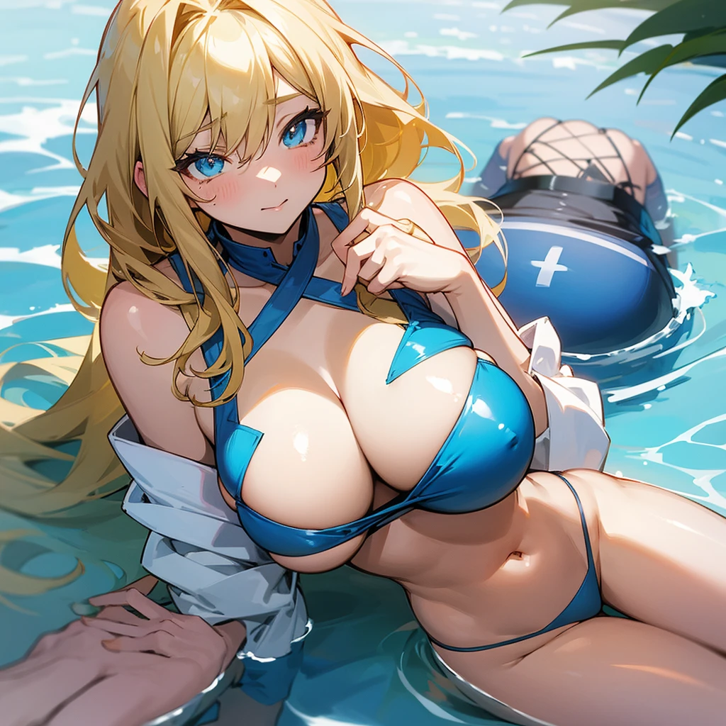 Two anime girls with huge tits and blonde hair lie on top of each other and press their breasts against each other, are wearing a blue skimpy bikini