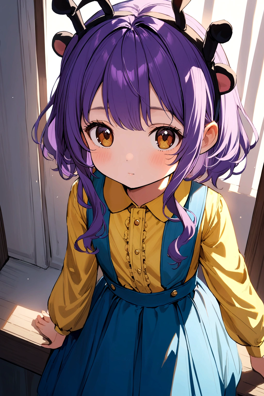6 year old girl with purple hair, Brown eyes, 2 antennas on his head, a yellow shirt and a blue skirt