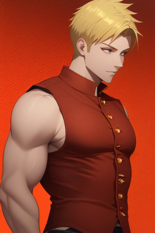 handsome boy blonde hair spiky cut slim build stocky reddish brown eyes sleeveless yellow vest red sleeveless shirt with a fire print red denim pants orange background