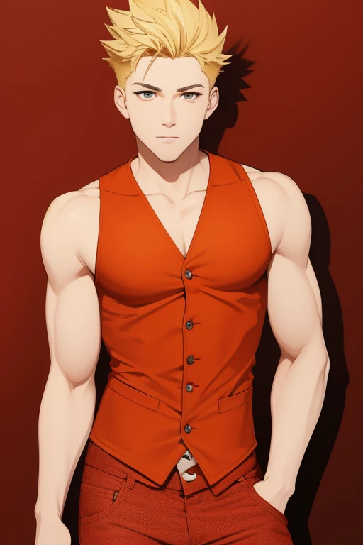 handsome boy blonde hair spiky cut slim build stocky reddish brown eyes sleeveless yellow vest red sleeveless shirt with a fire print red denim pants orange background