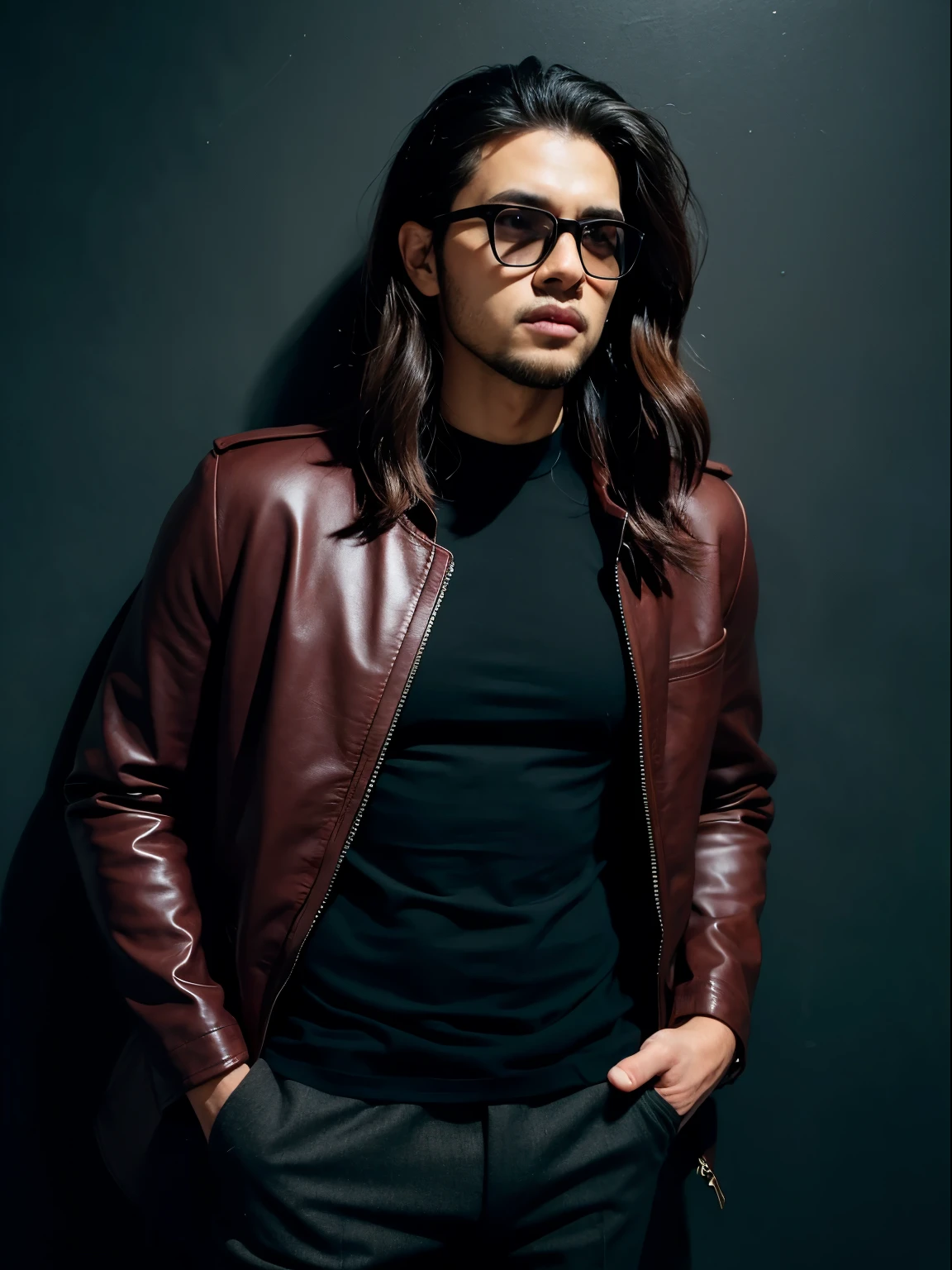 black T-shirt, bared a front of burgundy jacket, black wall, facing forward, waist up, midnight, black man, long hair, eyewear, wild
