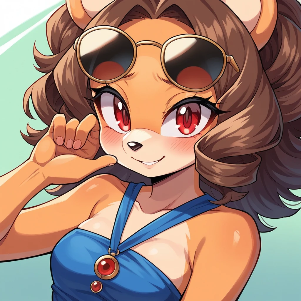 score_9, score_8_up, mobian, solo, hedgehog, two-tone fur ((orange fur, brown fur)), vintage-inspired pin-up dress, high-top sneakers, small breasts, two-tone hair (brown hair, black tip)), curly hair, halo, sunglasses, jewelry, red eyes, longeyelashes, red eyes, smile, shy, blush, pose, close up