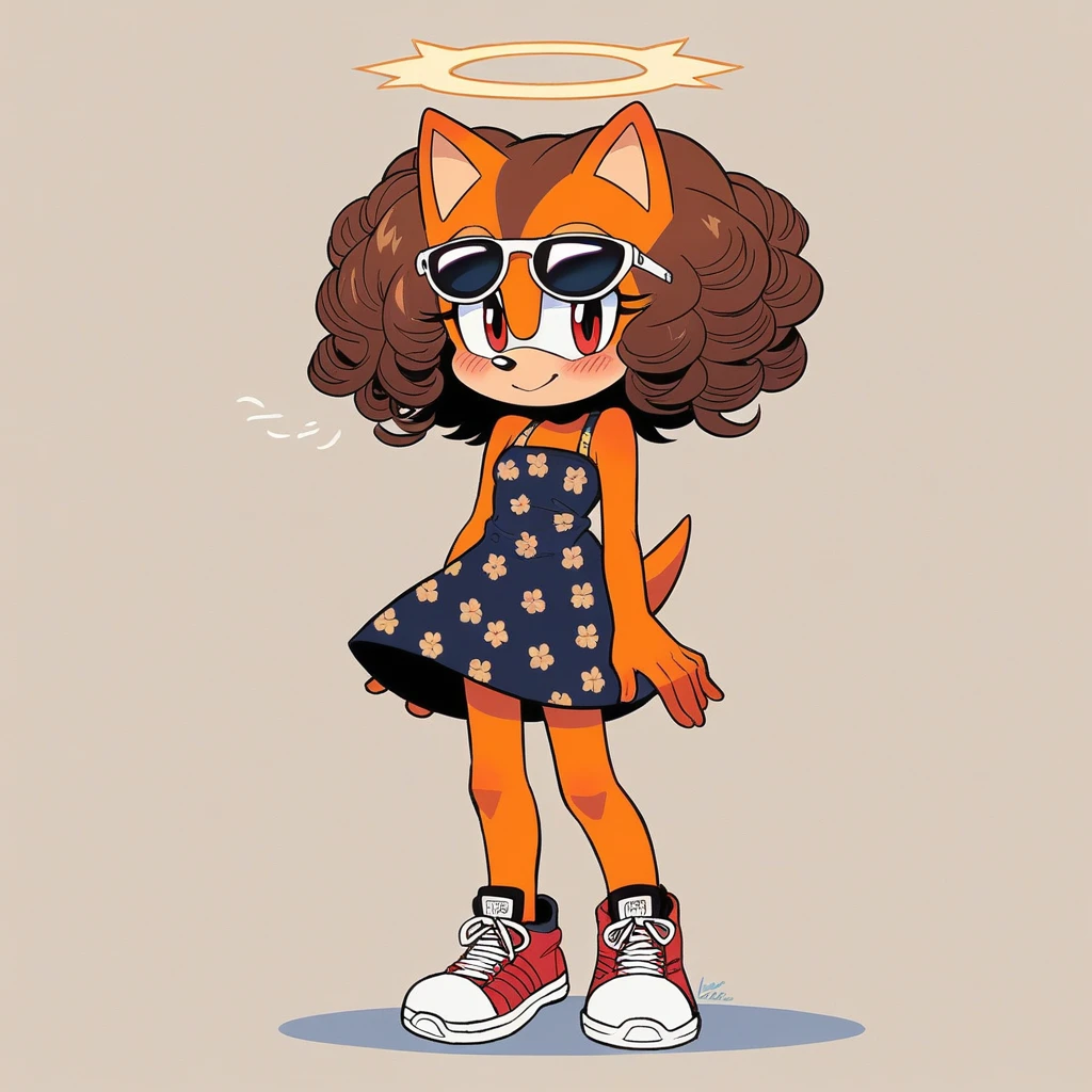 score_9, score_8_up, mobian, solo, hedgehog, two-tone fur ((orange fur, brown fur)), vintage-inspired pin-up dress, high-top sneakers, small breasts, two-tone hair (brown hair, black tip)), curly hair, halo, sunglasses, jewelry, red eyes, longeyelashes, red eyes, smile, shy, blush, pose, close up