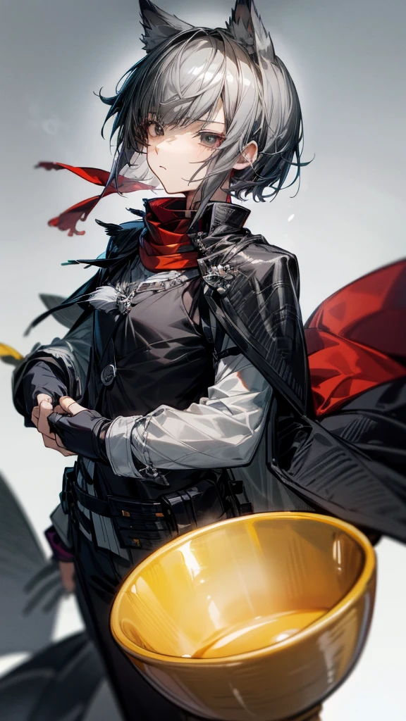 1boy, androgynous, looking tired, cute, neutral expression, short hair, straight bangs/bowl haircut, grey hair, black eyes, one cropped ear, red scarf, black blouse with yellow buttons, fingerless gloves, thin, young, baddass