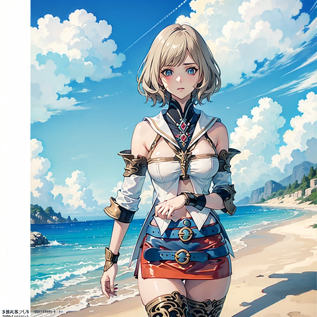 (cowboy shot, masutepiece, of the highest quality, Official art, Beautiful and aesthetic:1.2), ighly detailed, Colorful, highest details, Illustrations, Everyday scenery, 1girl in, Solo, (large boob, Final Fantasy 12, Ashelia, shorth hair, short-hair, Ashelia Costume, Red mini skirt, thighs, Knee socks that cover up to the shin, jewely, Blue belt), is standing, Medieval fantasy, move chart, anime, Best Quality, anatomically correct