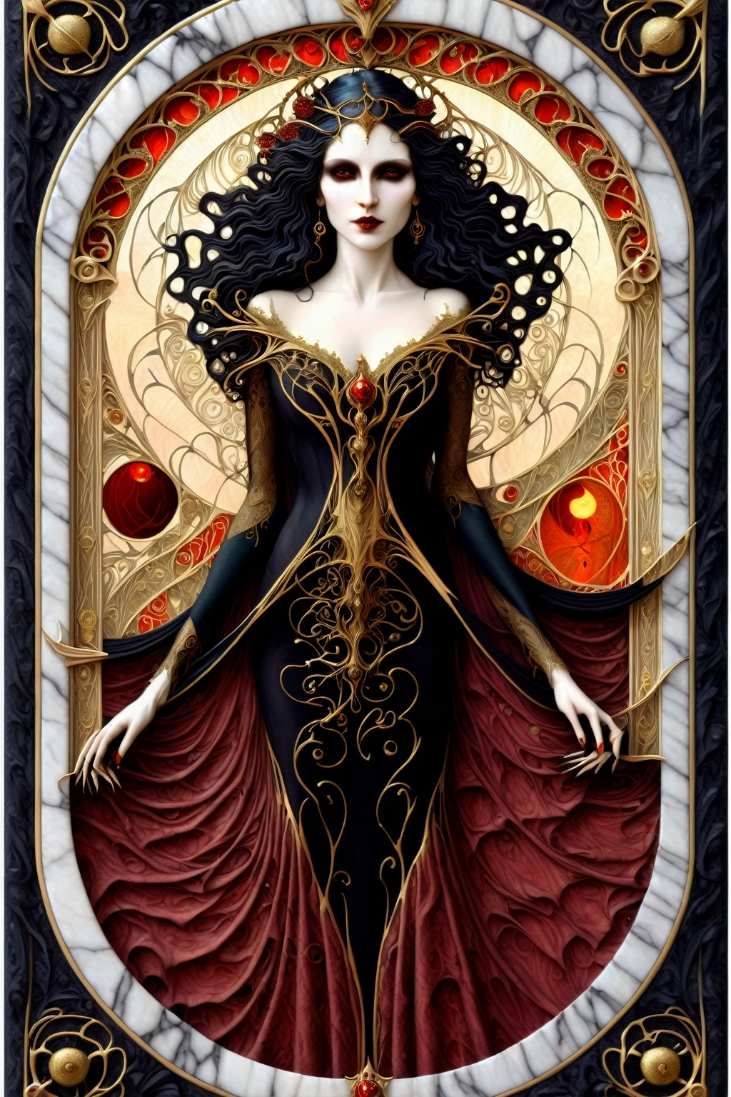 a beautiful illustration of a vampire woman with glowing eyes in an abstract marble texture with a tarot style frame, with colors of obsidian black, shiny gold, and ruby red, highly detailed, intricate design, BY Anne Bachelier,
