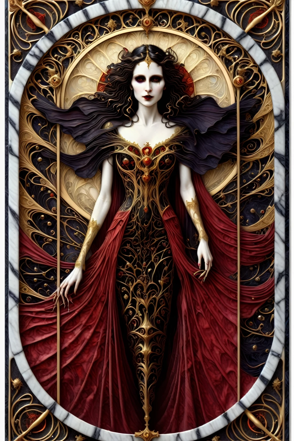 a beautiful illustration of a vampire woman with glowing eyes in an abstract marble texture with a tarot style frame, with colors of obsidian black, shiny gold, and ruby red, highly detailed, intricate design, BY Anne Bachelier,