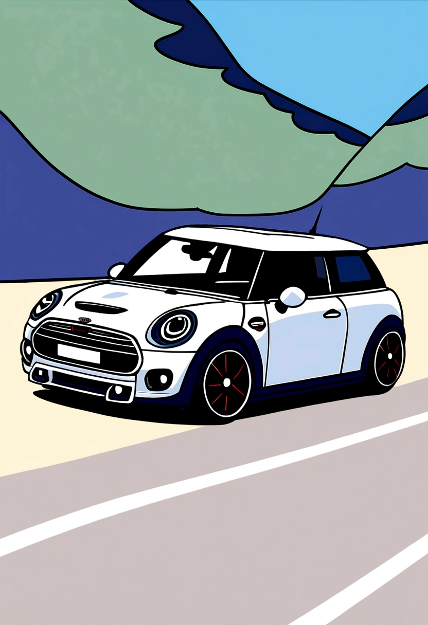 The previous Mini Cooper is the same as the real thing., Smooth blue-purple and white lines, Vector style