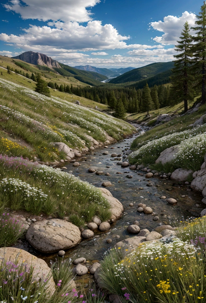 A highly realistic 8K image of a mountain landscape with wildflowers. The scene includes vibrant green grass, white and yellow wildflowers, and rocky terrain with a clear stream flowing through. The background features rolling hills and a partly cloudy sky. The light is soft and natural, highlighting the details of the flowers and the texture of the rocks. Photorealistic, ultra-detailed, 8K resolution.