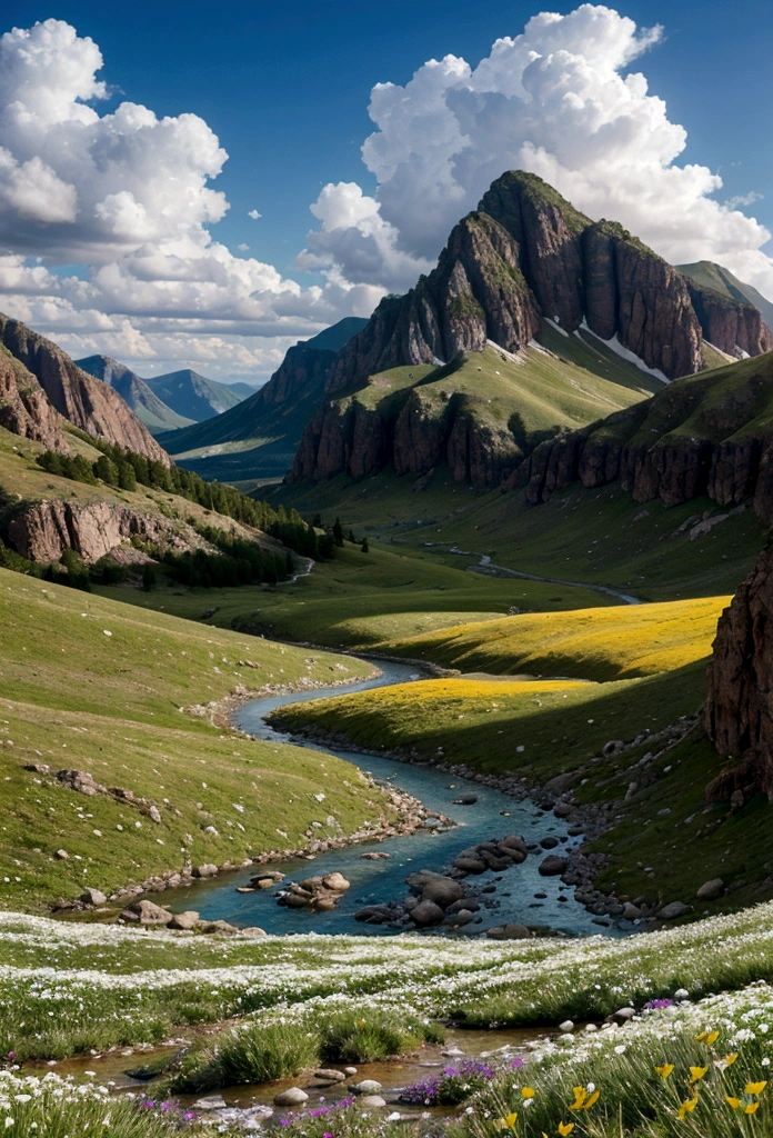 A highly realistic 8K image of a mountain landscape with wildflowers. The scene includes vibrant green grass, white and yellow wildflowers, and rocky terrain with a clear stream flowing through. The background features rolling hills and a partly cloudy sky. The light is soft and natural, highlighting the details of the flowers and the texture of the rocks. Photorealistic, ultra-detailed, 8K resolution.