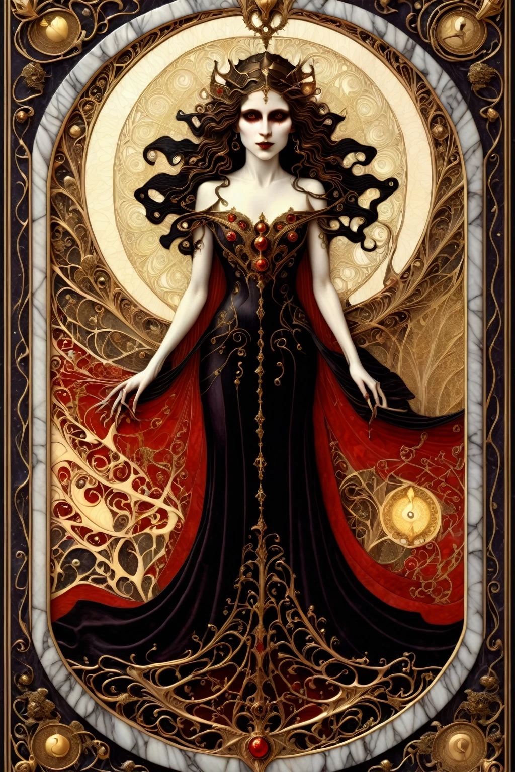 a beautiful illustration of a vampire woman with glowing eyes in an abstract marble texture with a tarot style frame, with colors of obsidian black, shiny gold, and ruby red, highly detailed, intricate design, BY Anne Bachelier