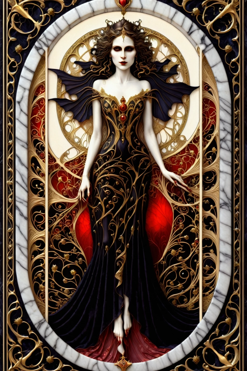 a beautiful illustration of a vampire woman with glowing eyes in an abstract marble texture with a tarot style frame, with colors of obsidian black, shiny gold, and ruby red, highly detailed, intricate design, BY Anne Bachelier