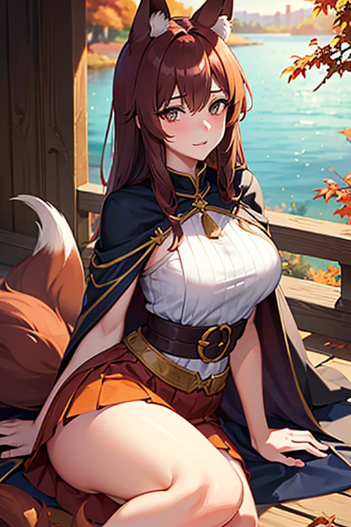 A young woman with waist-length dark reddish brown hair, amber eyes, big breasts, with fox ears and tail, elegant but casual clothing a little medieval skirt, autumn color palette, sitting next to a lake, He wears a cape wanting to hide his tail and ears, she looks worried