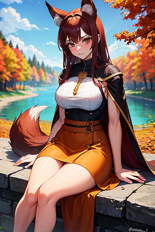 A young woman with waist-length dark reddish brown hair, amber eyes, big breasts, with fox ears and tail, elegant but casual clothing a little medieval skirt, autumn color palette, sitting next to a lake, He wears a cape wanting to hide his tail and ears, she looks worried