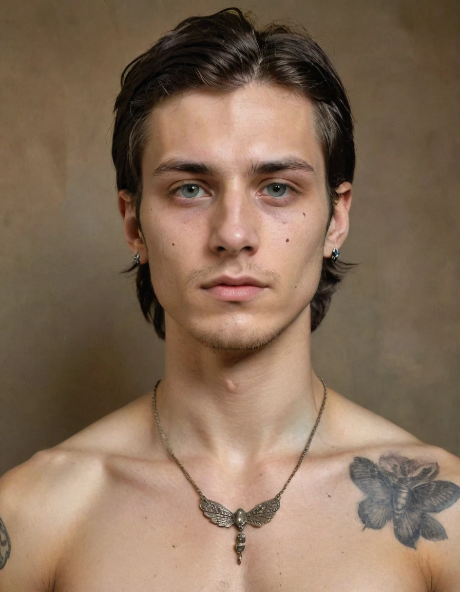 {{{Realistic, rough monochrome, daguerreotype on old paper, male focus}}}, the composition is: (((((a 20 year old Italian male, dignified, facing viewer, snake eye pupils. Tattoos, face tattoos. He is wearing an embroidered silken toga with Byzantine elements, sashes, moth medals, pauldrons, diamond shape symbology, moth symbology, jungle background, moth)))))
