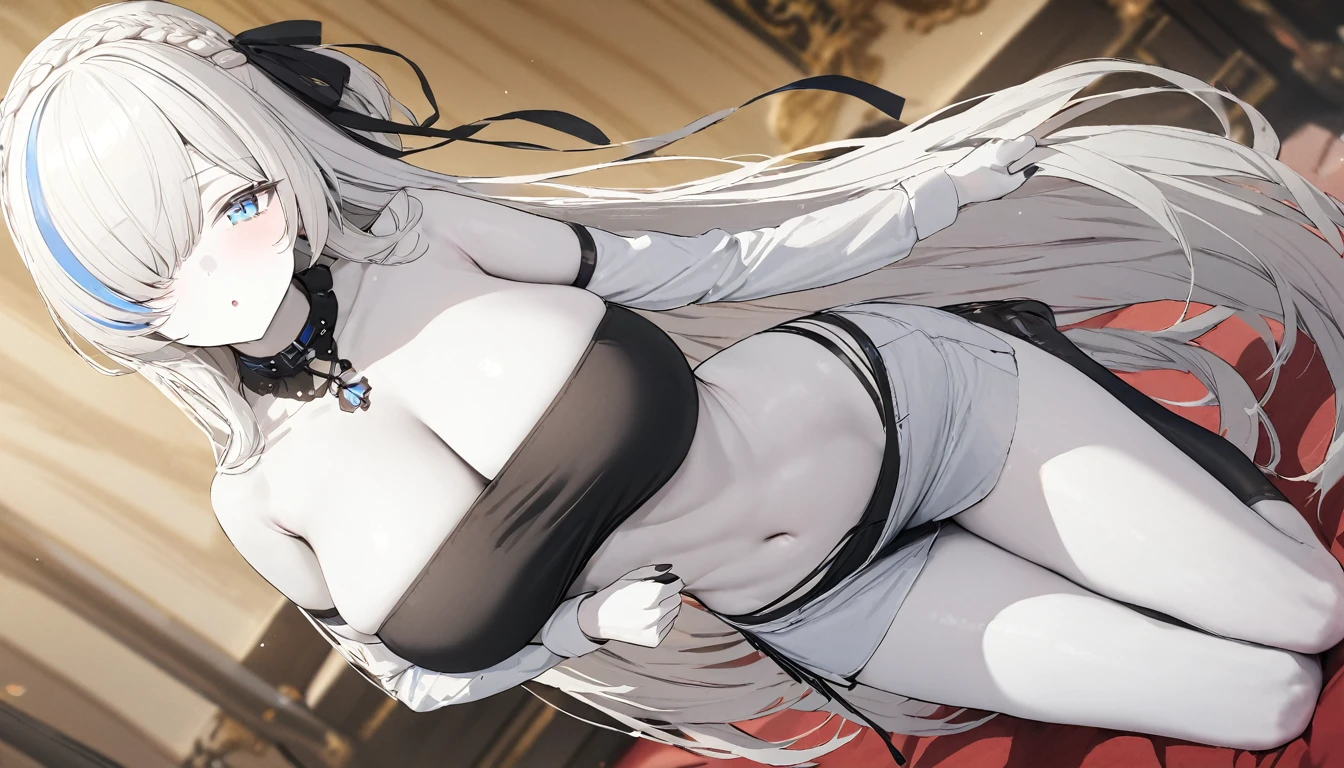 masterpiece, high quality, high detail, 4k, rtx, high resolution,1girl, blue_streaked_hair,hair_over_one_eye, blue_eyes,very long hair,braid,white hair_ornament,white skin,black nail_polish, solo,long sleeves,((black strapless bandeau tubetop:1.3)),microskirt,thighhighs,thighs,: o,cute face,(pov:1.2),(facing viewer:1.2),(Well-shaped and firm huge breasts, developed huge breasts:1.3),(bursting breasts:1.2),(underboob:1.2),mole on breast, shortstack,(on side,lying,arm support, yokozuwari:1.2),hotel,room