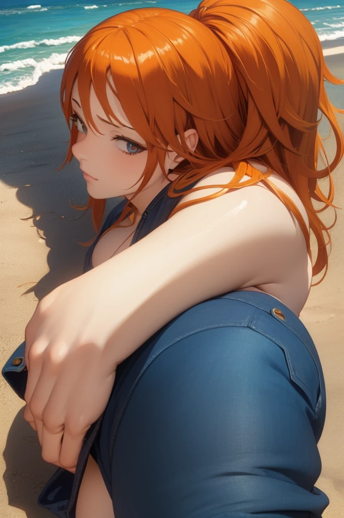 (masterpiece), best quality, expressive eyes, perfect face, detailed hands, detailed anatomy, perfect anatomy, nami, Orange Hair, From Behind, skinny jeans, beach background, big ass, detailed background