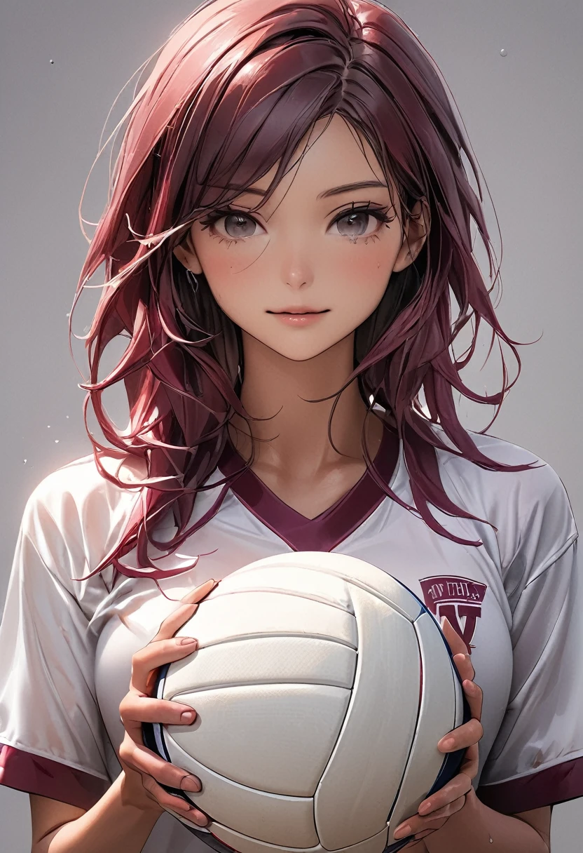 ((best quality)), ((masterpiece)), (detailed), 1girl, tan skin, maroon hair, wet shirt, varsity volleyball player, blank gray background, standing, holding volleyball