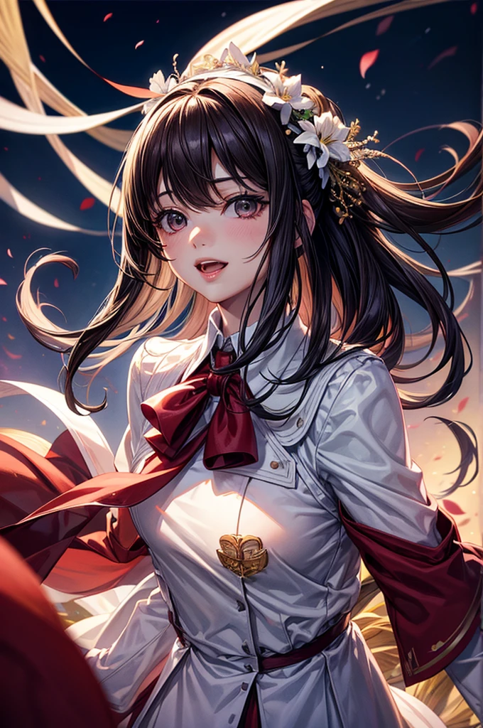 Black Eyes, 1 woman, (female)), solo, real, top quality, photorealistic, masterpiece, 8K, HDTV, solo, hdtv face, soft lighting, bedroom, ((daytime)), sky, (looking at camera), (portrait: 0.6), full-body, (medium hair), ponytail, brown hair, floating hair, lips, lipstick, seductive smile, Floating hair, smile, open mouth, teeth, eyelashes, Nogizaka 46, Moeka Tada, Akari Suda, idol, beautiful girl, ((uniform)), (((standing))