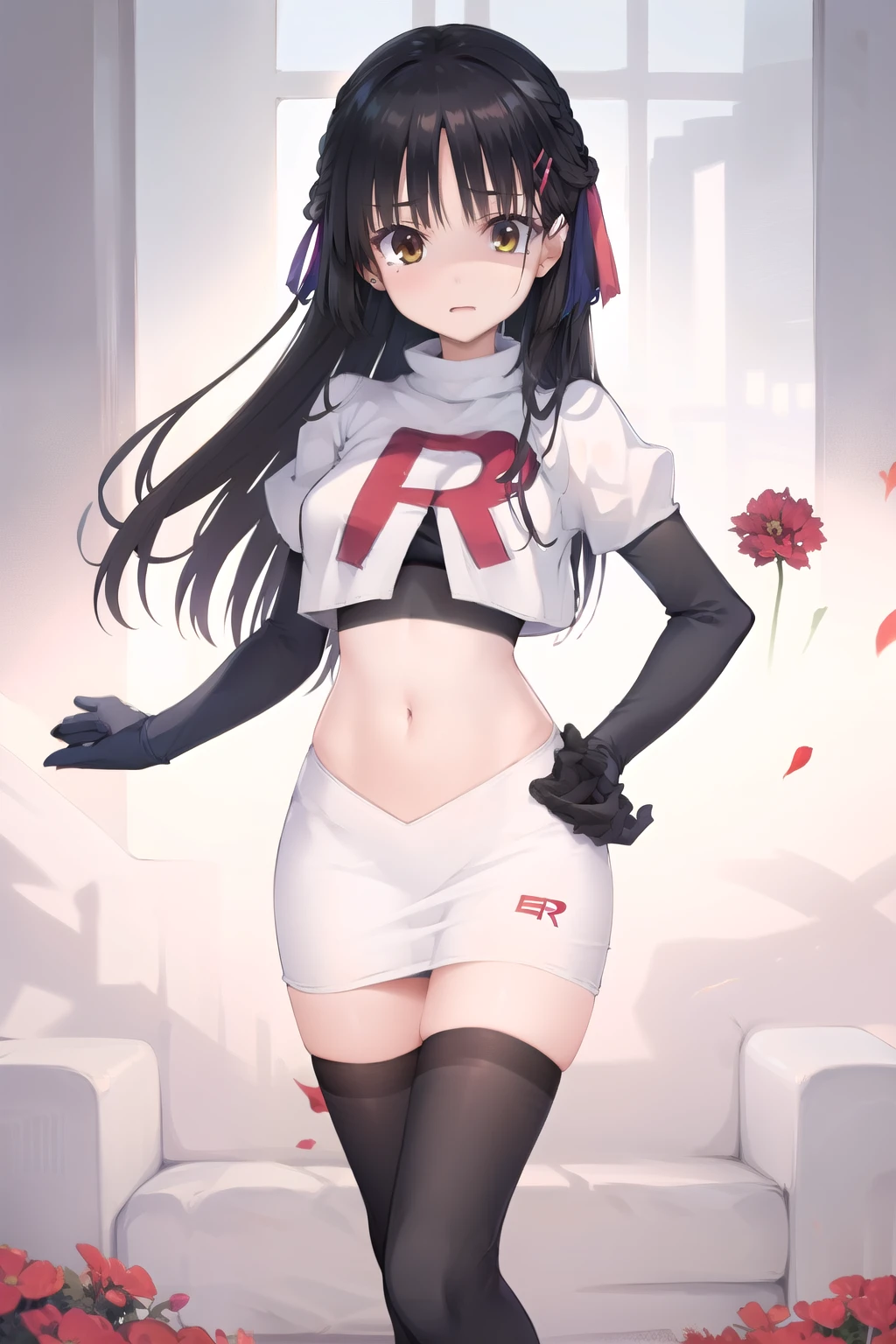 solo, Natsume, black hair, yellow eyes, long hair, hairclip, hair ribbon, mole under eye, hair flower, red flower, team rocket,team rocket uniform,white skirt,red letter R,crop top,black thigh-highs,black elbow gloves