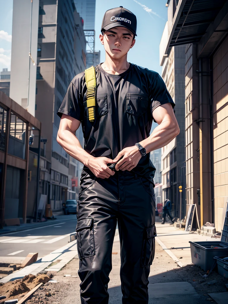 Highest quality,Highest Resolution,Man working at construction site,Black work clothes,