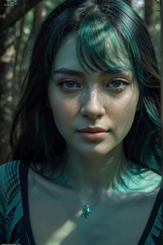 happy woman, in the middle, Looking at the camera, Close to perfection, dynamic, (shades of blue and ((forest green 1.5)))), Highly detailed, digital painting, art station, concept art, smooth, Sharp focus, illustration, งานศิลปะโดย Carne Griffiths และ Wadim Kashin, detailed face, 4K