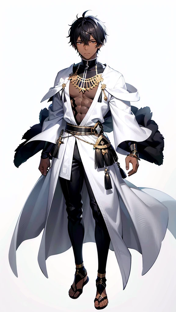 full body anime style portrait of a dark-skinned male wizard with short black hair and some white strands, wearing tribal style outfits, against a minimalist white background, (best quality,4k,8k,highres)