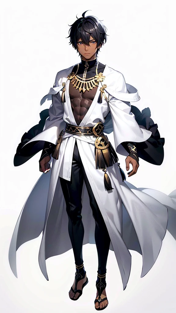 full body anime style portrait of a dark-skinned male wizard with short black hair and some white strands, wearing tribal style outfits, against a minimalist white background, (best quality,4k,8k,highres)