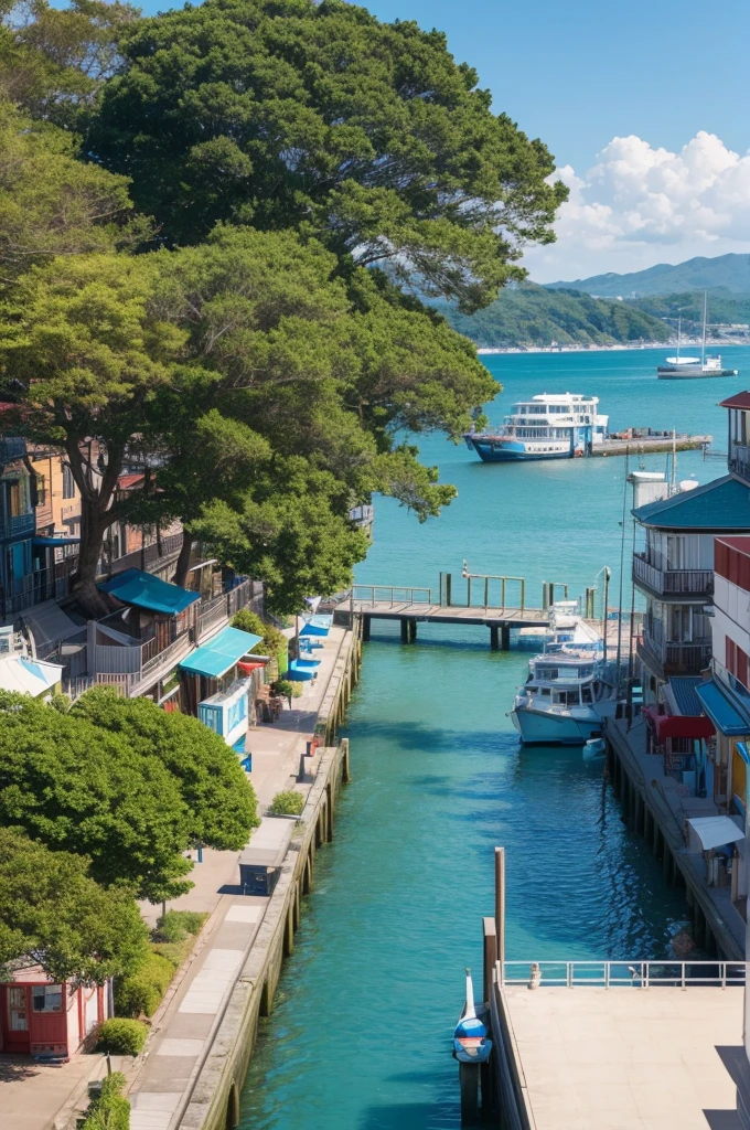 The scene depicts a seaside area on a sunny day, with clear blue sky. To the left of the image, there is a street with parked cars and moving vehicles, including motorcycles and bicycles. Colorful buildings line the street, suggesting a lively urban area. A pier extends from the shore toward the water, with several boats anchored. on the right, we see an expanse of water that leads to a distant land, with trees and structures visible along the shore. The photo appears to be taken from an elevated position, providing a wide view of this picturesque location.