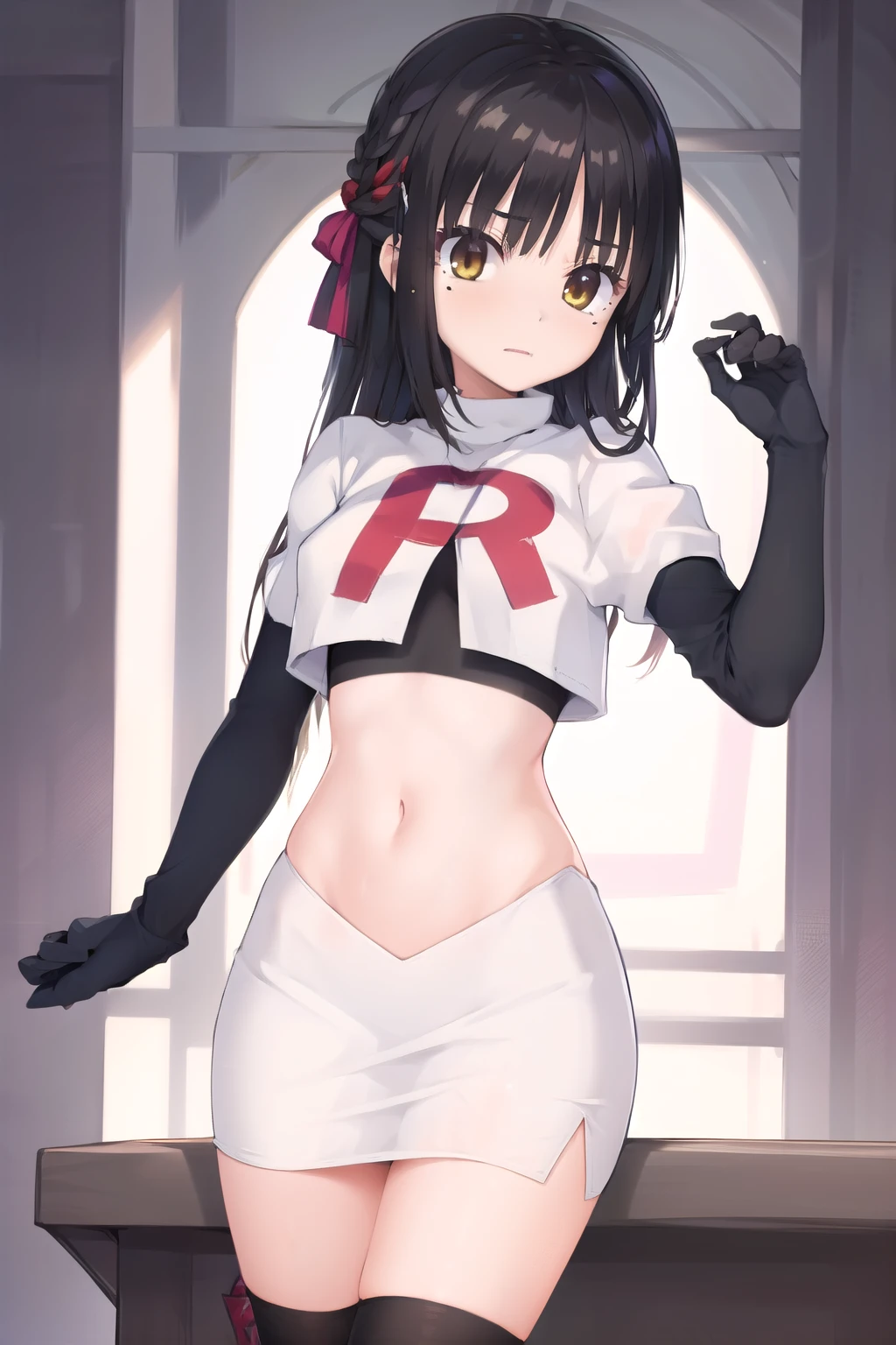 solo, Natsume, black hair, yellow eyes, long hair, hairclip, hair ribbon, mole under eye, hair flower, red flower, team rocket,team rocket uniform,white skirt,red letter R,crop top,black thigh-highs,black elbow gloves