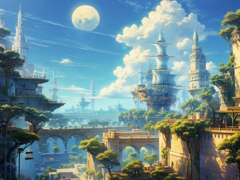 DVD screengrab from studio ghibli movie, beautiful city street, clouds on blue sky, designed by Hayao Miyazaki, retro anime