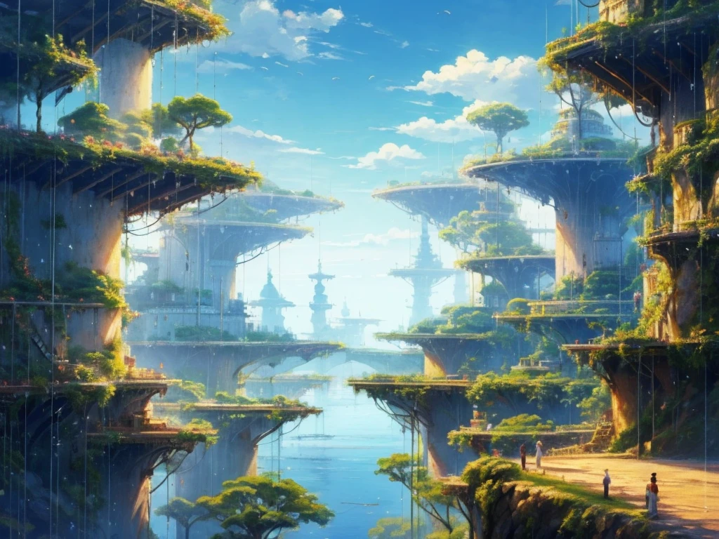 DVD screengrab from studio ghibli movie, beautiful city street, clouds on blue sky, designed by Hayao Miyazaki, retro anime