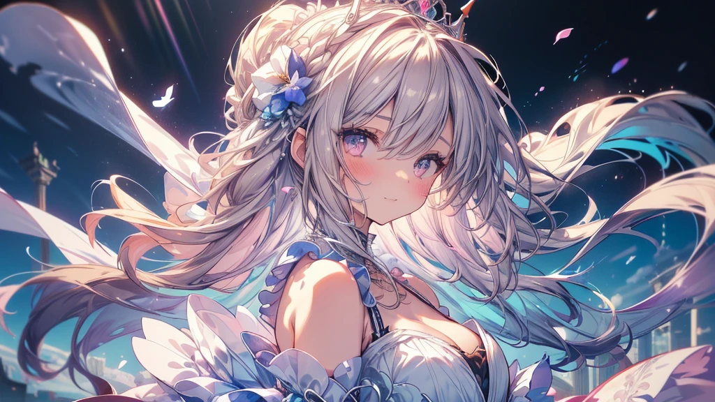 (wide-angle lens), mature woman, 1girl, (masterpiece, best quality, ultra-detailed), sharp focus, detailed face, face focus, extremely detailed eyes, long hair, crown braid, hair over shoulder, gradient hair, brown hair, pink eyes, long eyelashes, (blush, small smile), delicate makeup, big breasts, bare shoulders, small cleavage, tiara, ((colors of clothing: fluffy layered ball gown that is blue, white, with lots of frills)), ((lots of flowers, blue particles surrounds, floating islands in distance, floating heavenly pillars with engraved runes on sides, breeze)), cinematic lighting, rim lightning, ray tracing, shadowing, dynamic angle