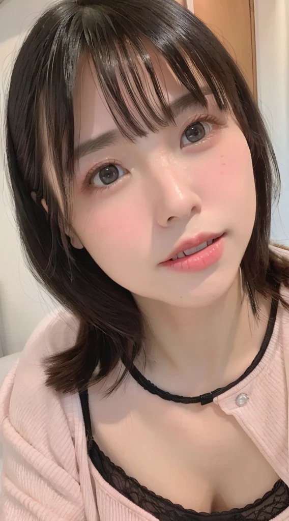 1 female、Highest quality、Ultra-high resolution、(Realistic:1.4)、blush、cute、(Detailed face)、Laughter、Looking into the camera、Inside the room、Black underwear、Huge 、Accentuate your breasts、Large Breasts、Shortcutole in the eye、Face close-up、Married women