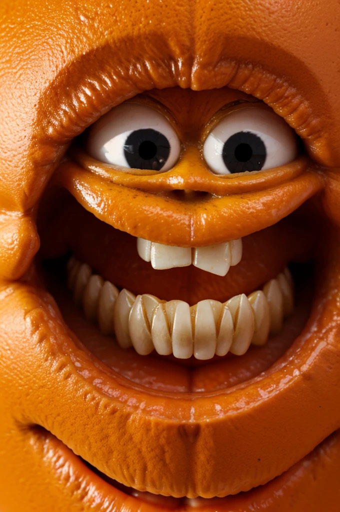 Annoying Orange with a gaping smile and pitch black eyes