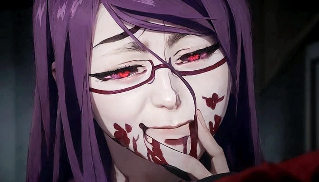 anime girl with purple hair and red eyes holding a rose, gapmoe yandere grimdark, gapmoe yandere, rize kamishiro, yayoi kasuma, yandere, portrait gapmoe yandere grimdark, tokyo ghoul, tokyo ghoul, with glowing purple eyes, grim facial expression
