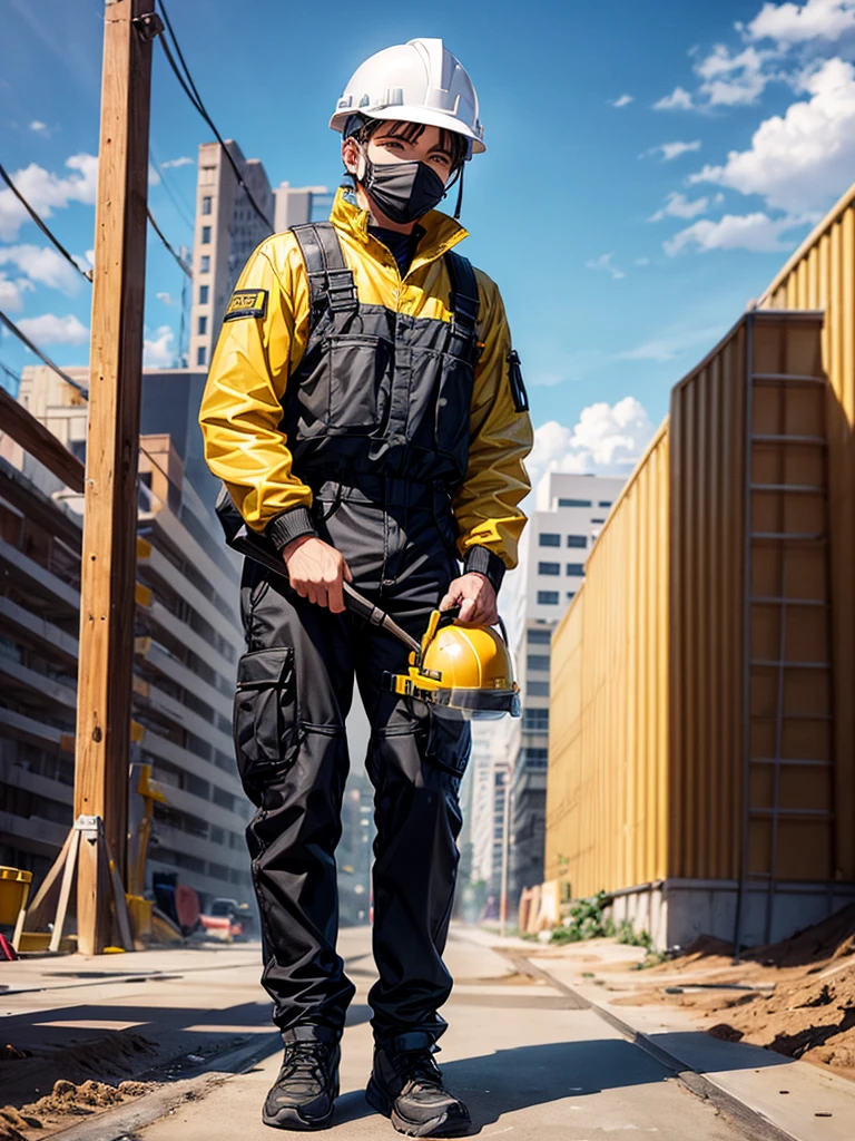 Highest quality,Highest Resolution,Man working at construction site,Black work clothes,Yellow helmet,